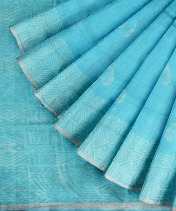 Sky blue white linen hand printed  saree