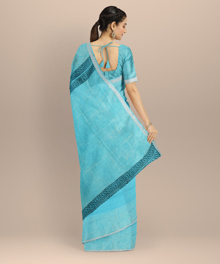 Sky blue white linen hand printed  saree