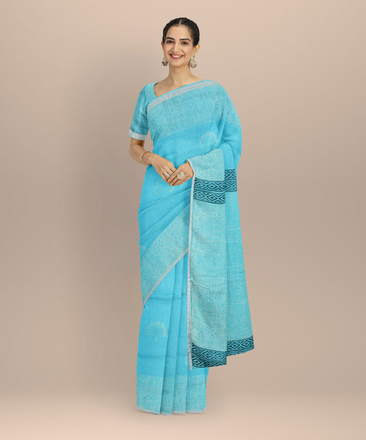 Sky blue white linen hand printed  saree