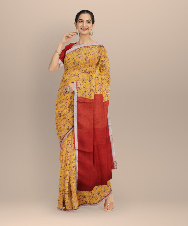 Yellow multicolor linen hand printed  saree