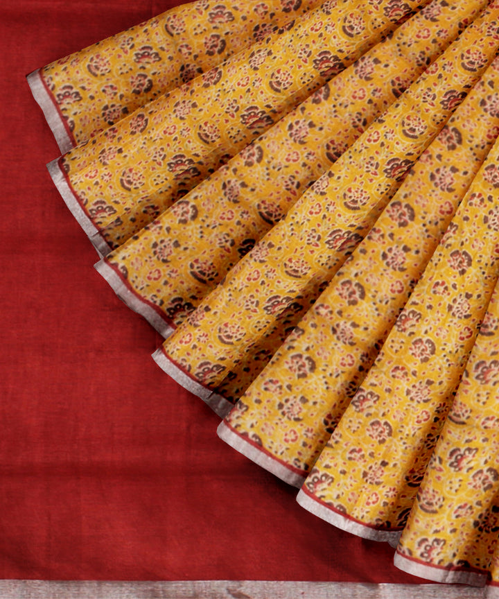 Yellow multicolor linen hand printed  saree