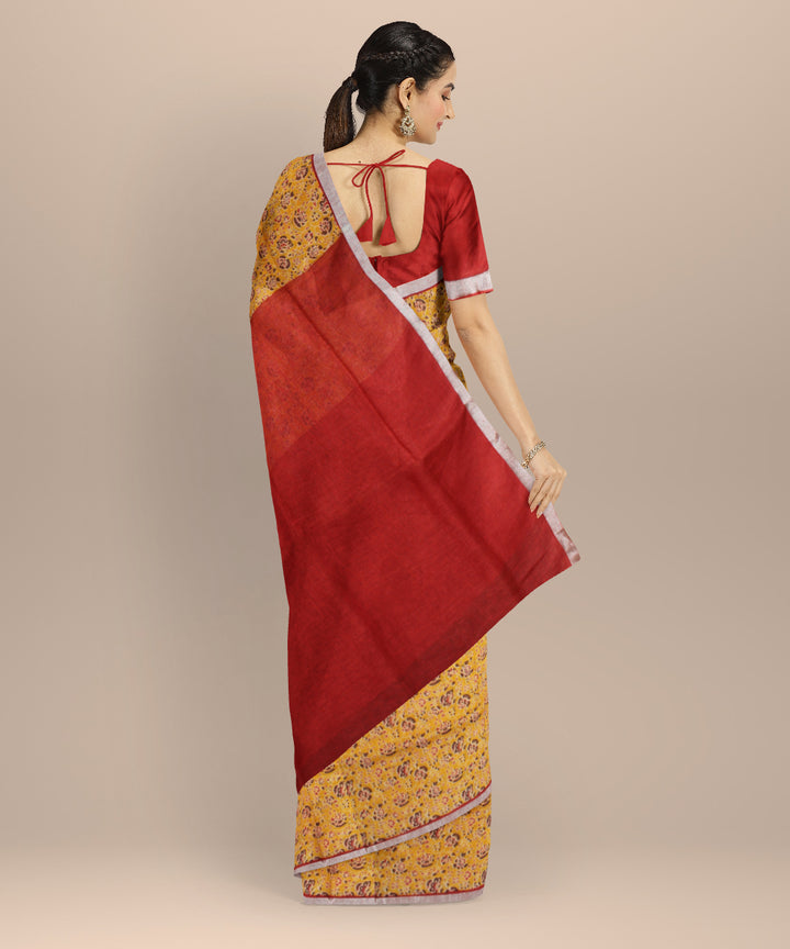 Yellow multicolor linen hand printed  saree