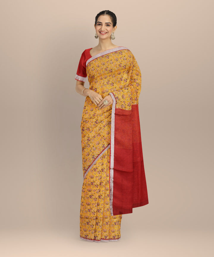 Yellow multicolor linen hand printed  saree