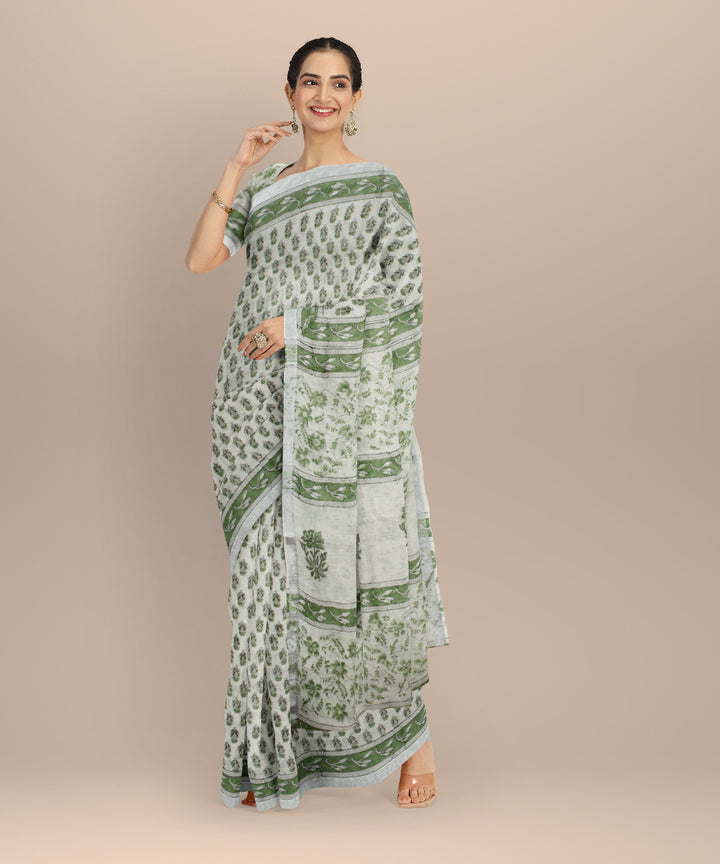 White green linen hand printed  saree