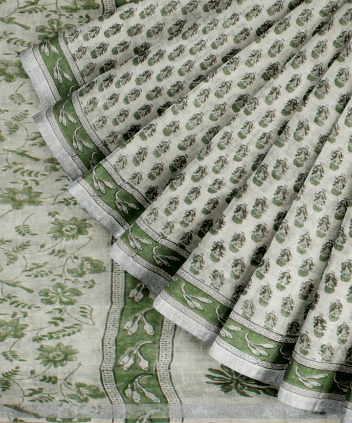White green linen hand printed  saree