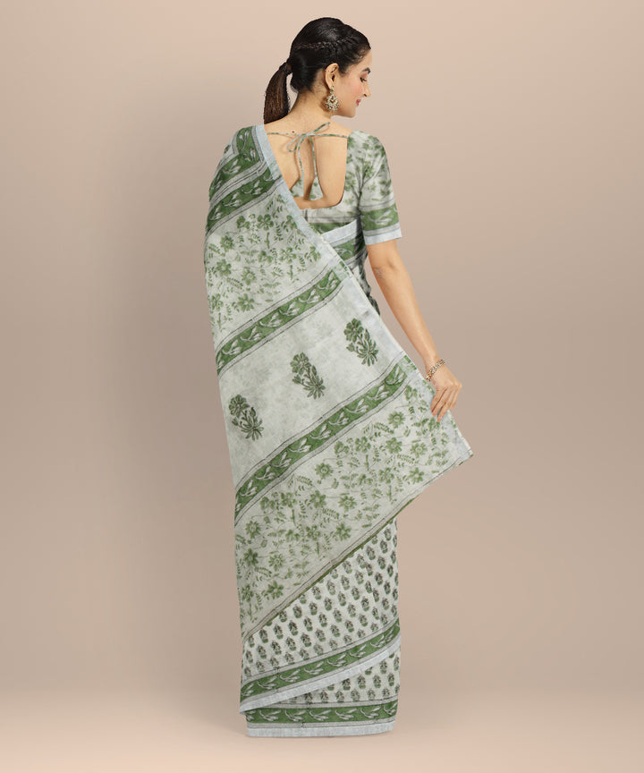 White green linen hand printed  saree