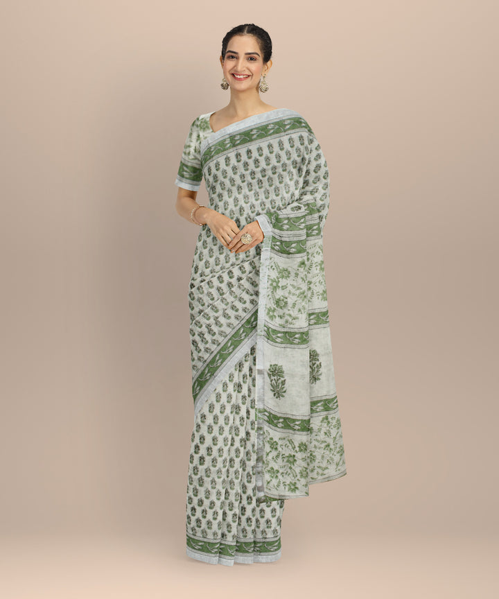 White green linen hand printed  saree
