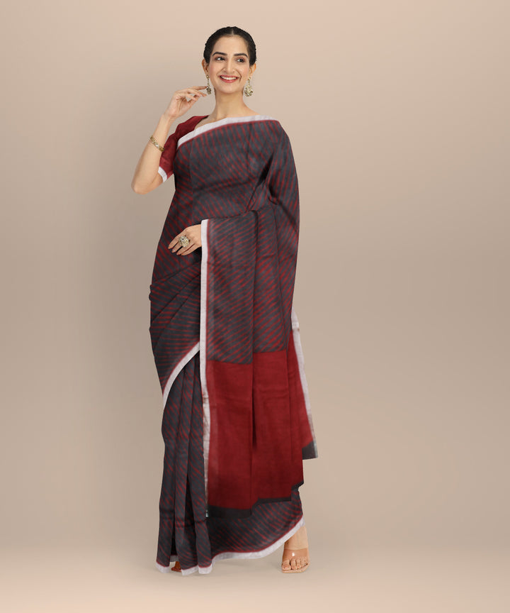 Grey red linen hand printed  saree