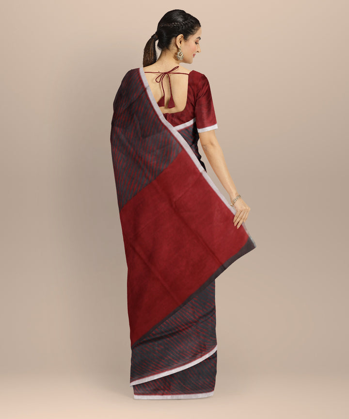 Grey red linen hand printed  saree