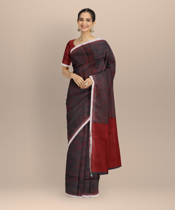 Grey red linen hand printed  saree