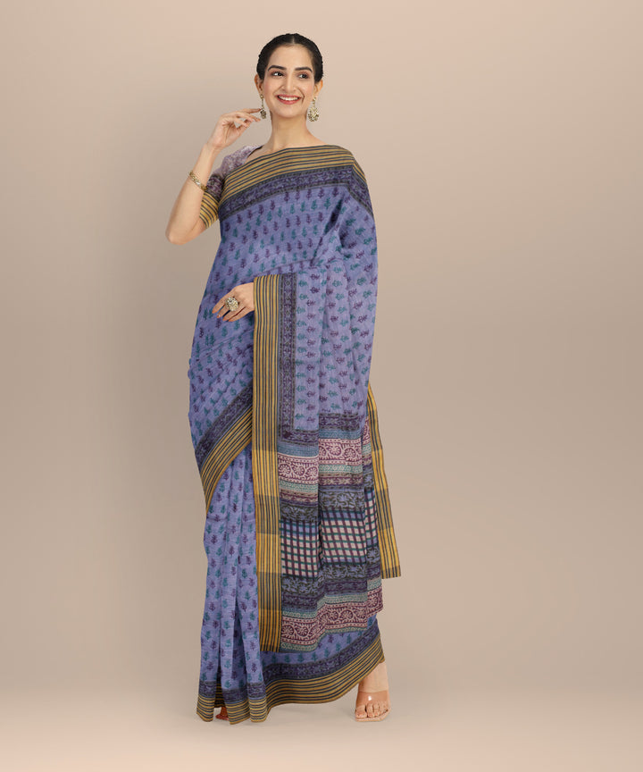 Purple multicolor linen hand printed  saree