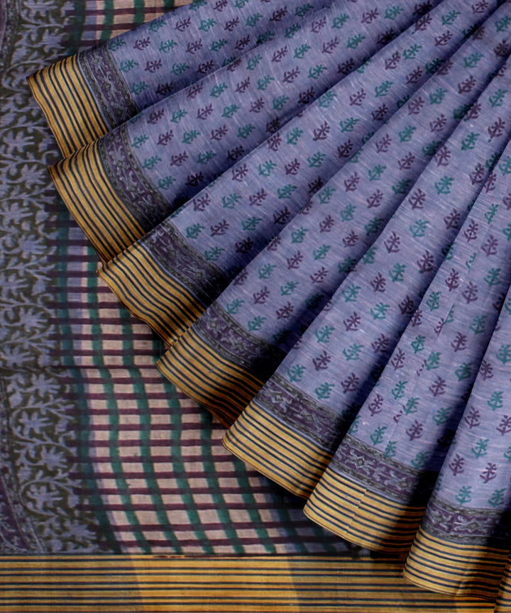 Purple multicolor linen hand printed  saree