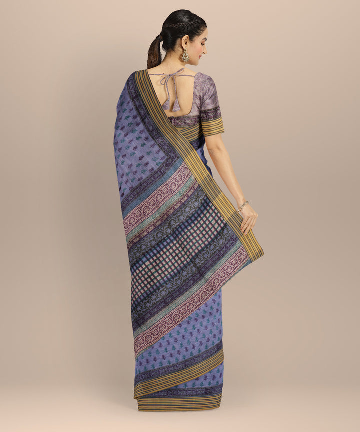 Purple multicolor linen hand printed  saree