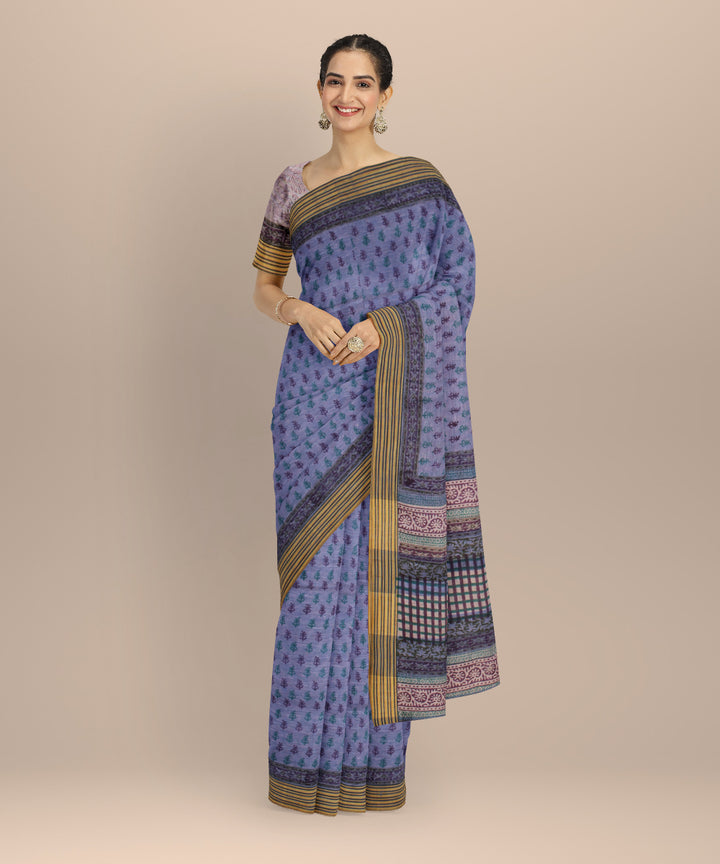 Purple multicolor linen hand printed  saree