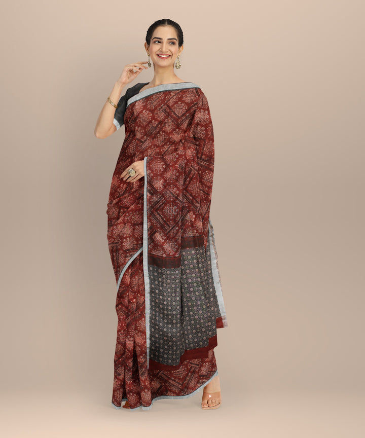 Maroon multicolor linen hand printed  saree