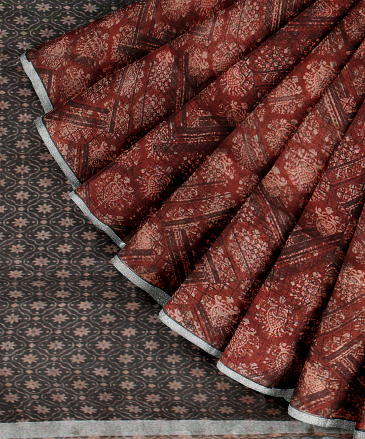 Maroon multicolor linen hand printed  saree
