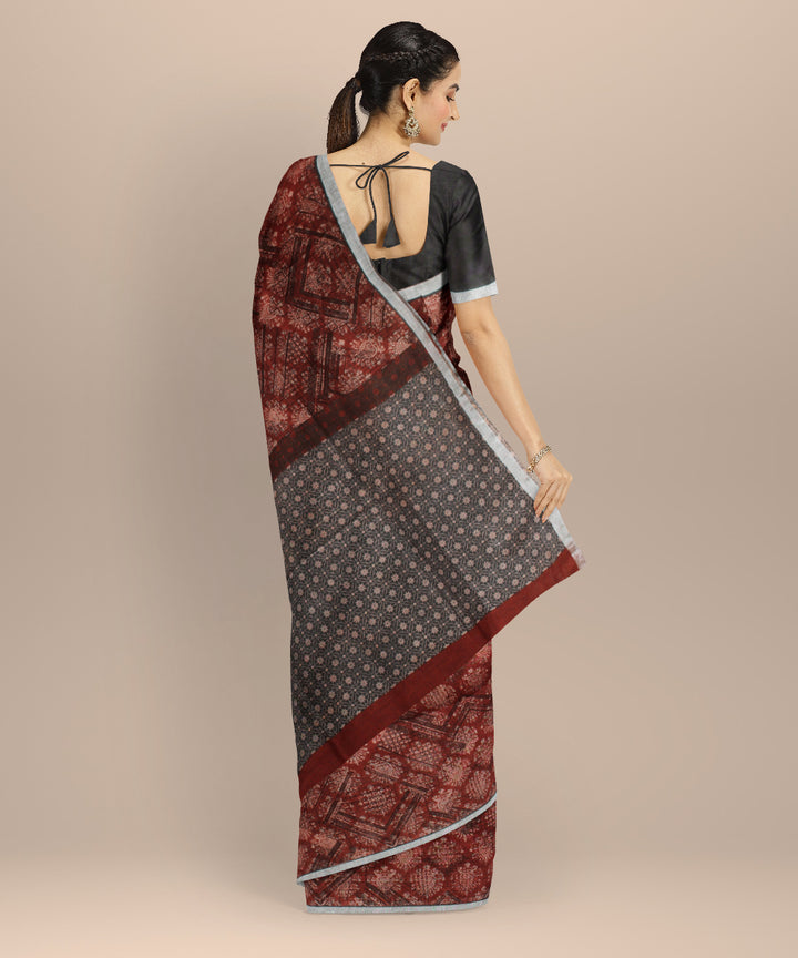 Maroon multicolor linen hand printed  saree