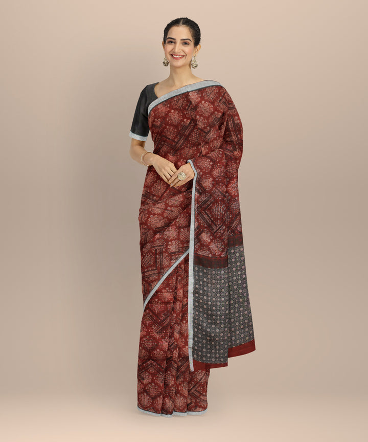 Maroon multicolor linen hand printed  saree
