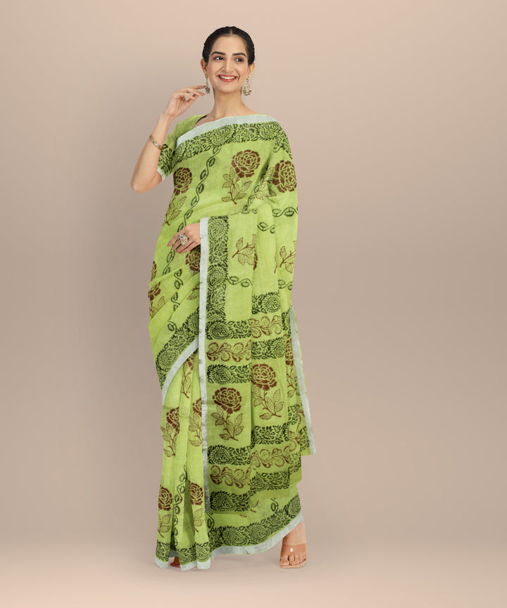Light green multicolor hand printed  linen saree