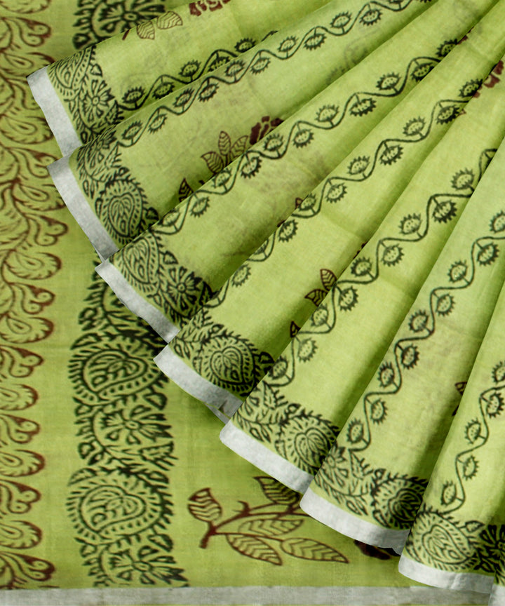 Light green multicolor hand printed  linen saree