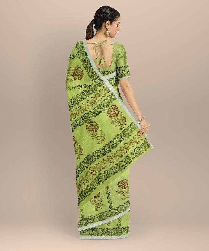 Light green multicolor hand printed  linen saree