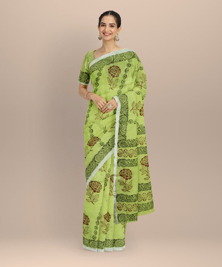 Light green multicolor hand printed  linen saree