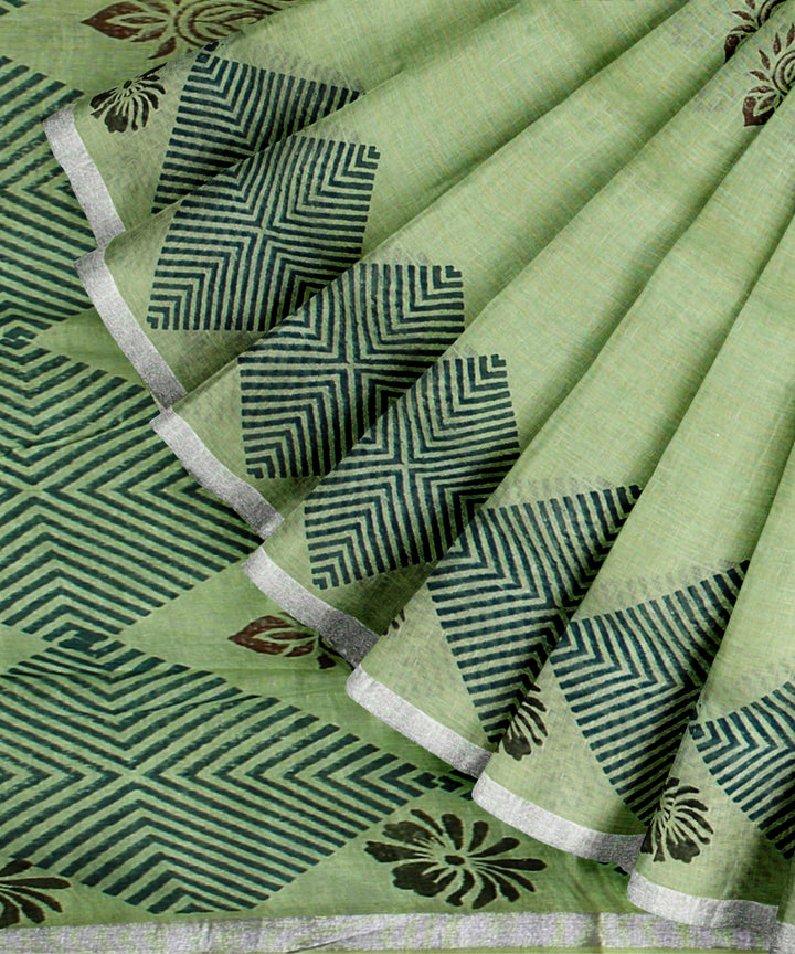 Light green multicolor linen hand printed  saree