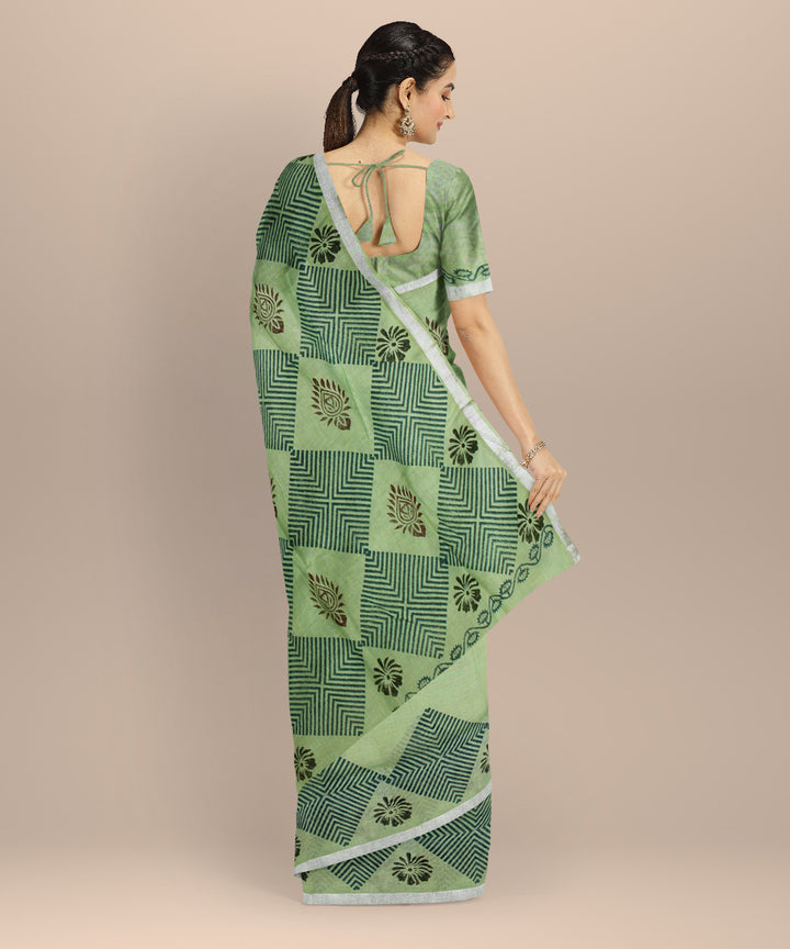 Light green multicolor linen hand printed  saree