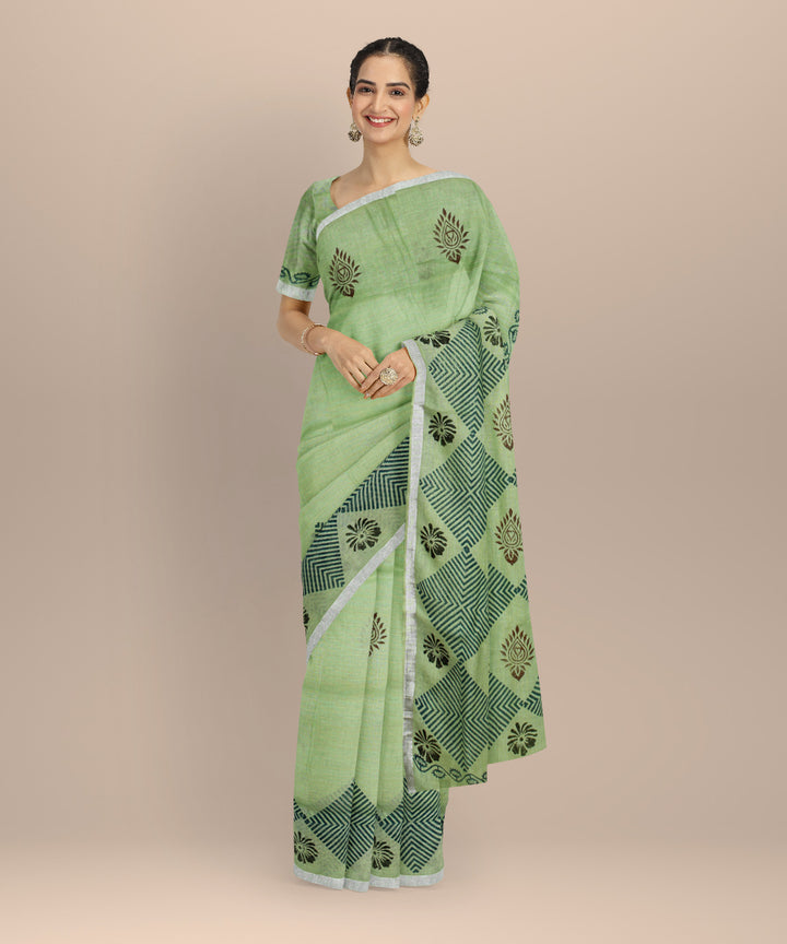 Light green multicolor linen hand printed  saree