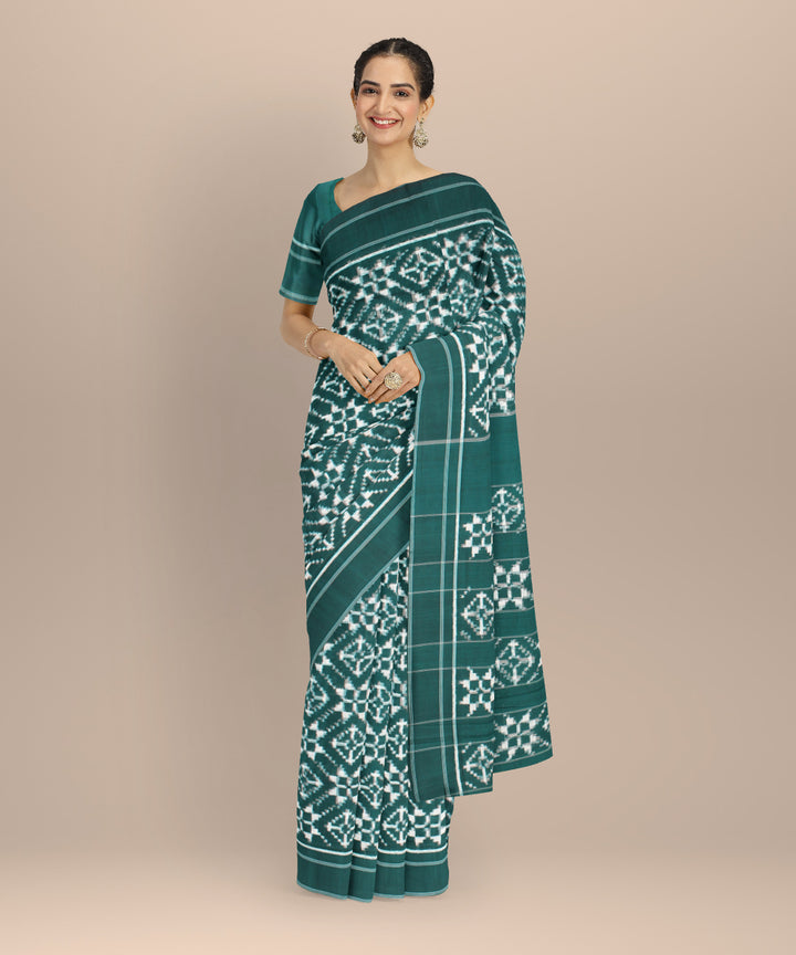 Dark green white teliarumal cotton handwoven pochampally ikat saree