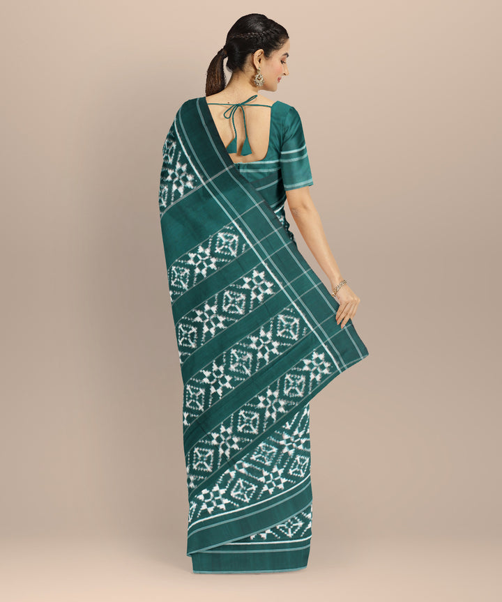 Dark green white teliarumal cotton handwoven pochampally ikat saree