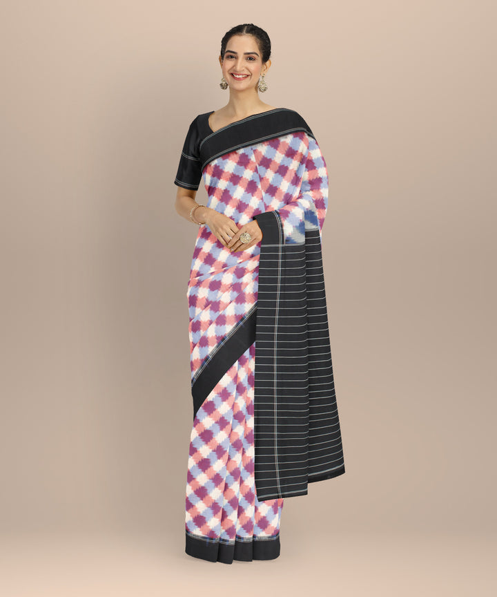 Multicolor white black teliarumal cotton handwoven pochampally ikat saree