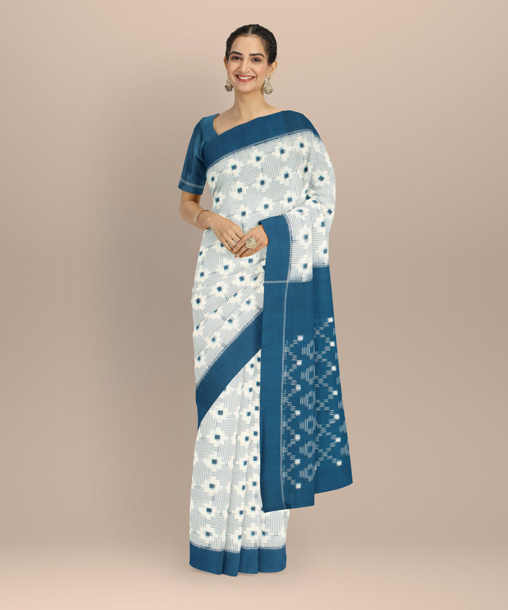 White blue teliarumal cotton handwoven pochampally ikat saree