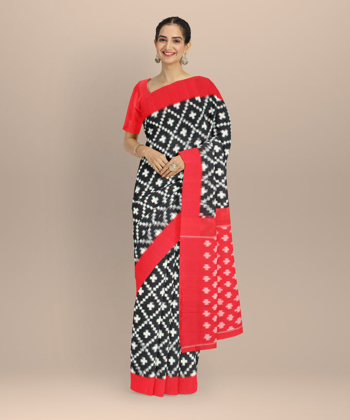 Black red teliarumal cotton handwoven pochampally ikat saree