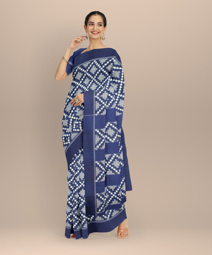 Navy blue white teliarumal handwoven cotton pochampally ikat saree
