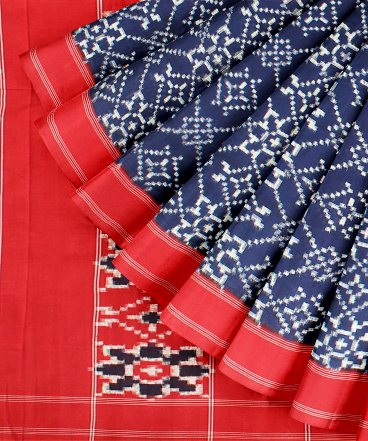 Navy blue red teliarumal handwoven cotton pochampally ikat saree