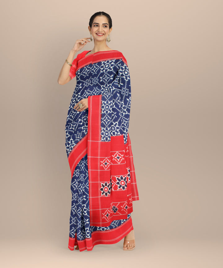Navy blue red teliarumal handwoven cotton pochampally ikat saree