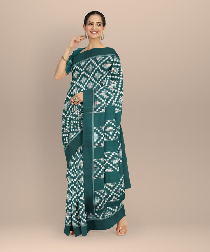 Dark green white  teliarumal cotton handwoven pochampally ikat saree