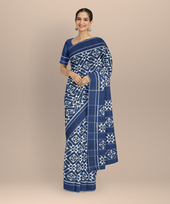 Navy blue white teliarumal cotton handwoven pochampally ikat saree