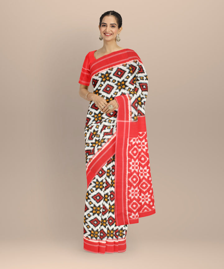 Multicolor red maroon teliarumal cotton handwoven pochampally ikat saree