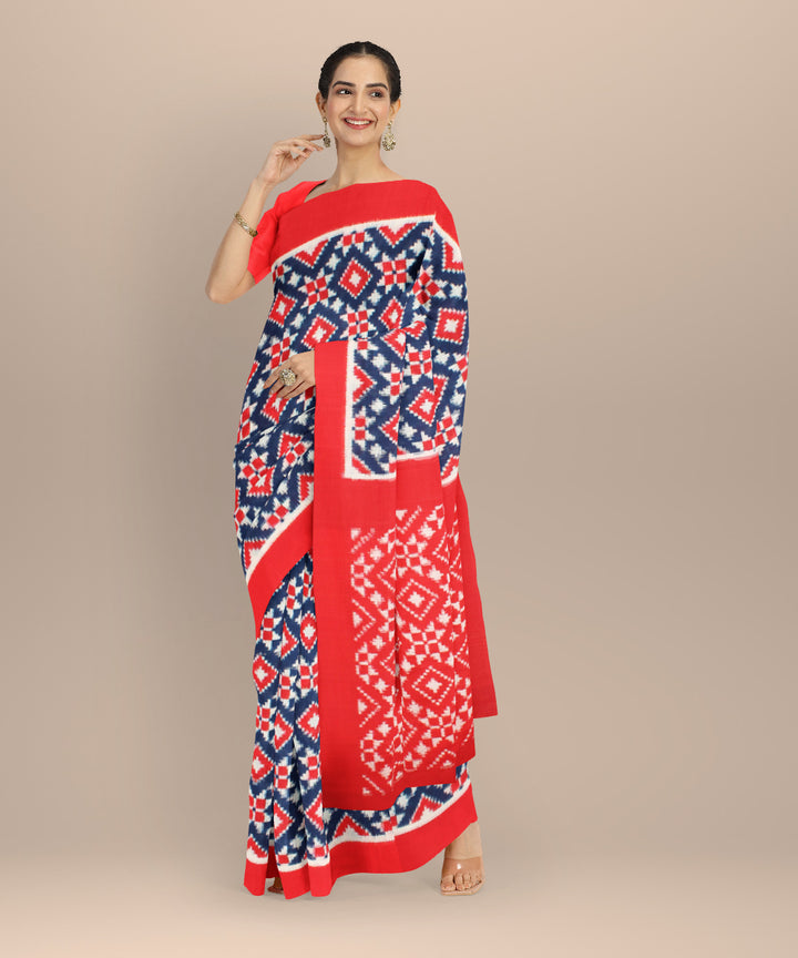 Multicolor red teliarumal cotton handwoven pochampally ikat saree