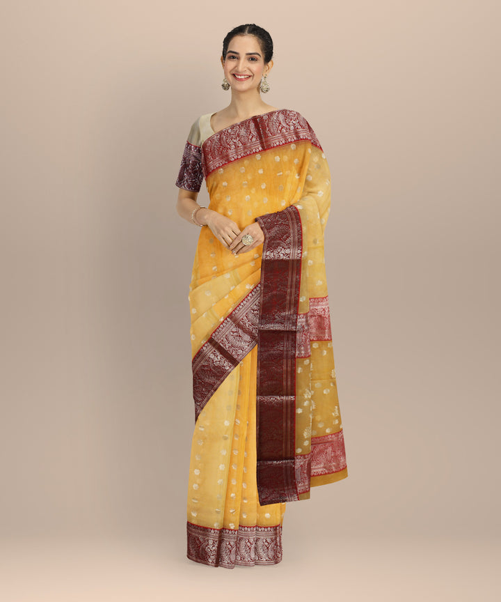 Yellow red chanderi cotton silk handloom saree
