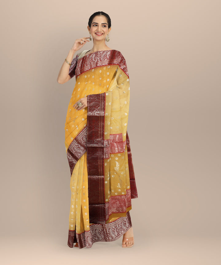 Yellow red chanderi cotton silk handloom saree