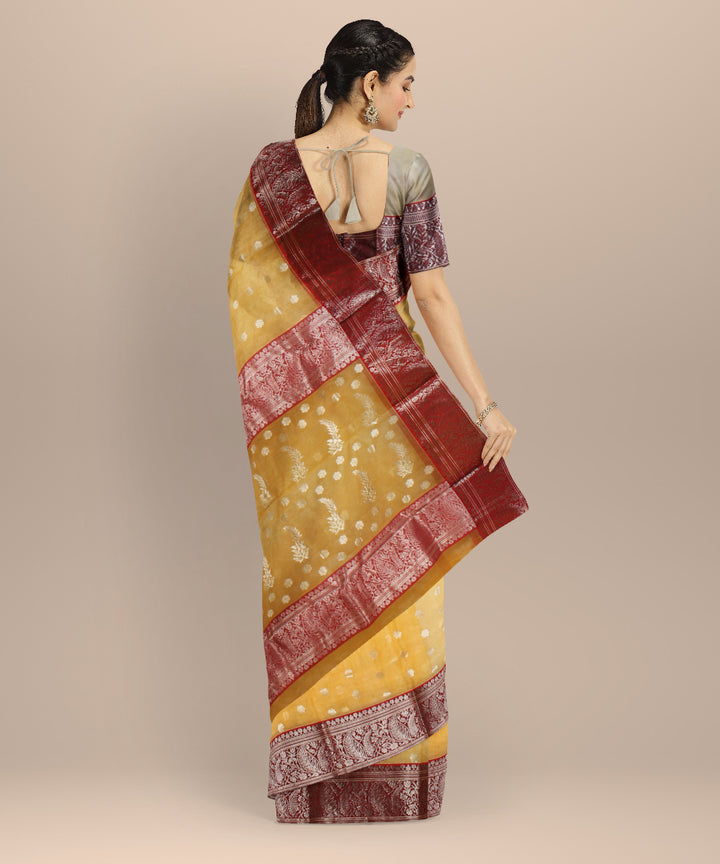 Yellow red chanderi cotton silk handloom saree