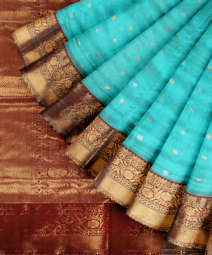 Sky blue maroon gold jari chanderi cotton silk handwoven saree
