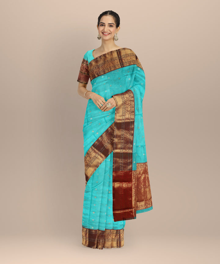 Sky blue maroon gold jari chanderi cotton silk handwoven saree