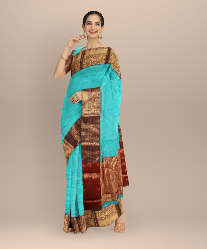 Sky blue maroon gold jari chanderi cotton silk handwoven saree