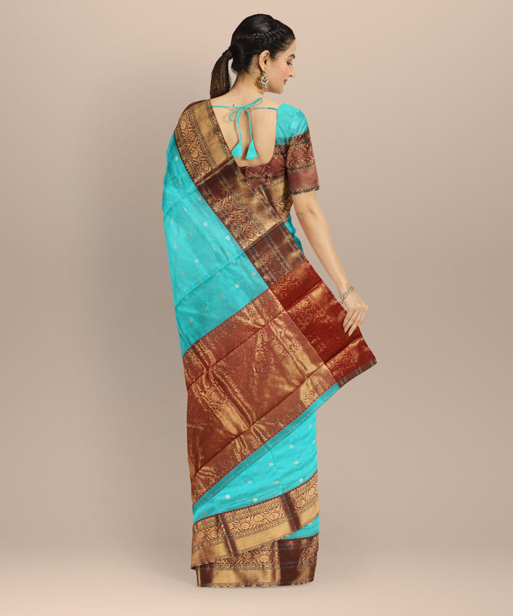 Sky blue maroon gold jari chanderi cotton silk handwoven saree