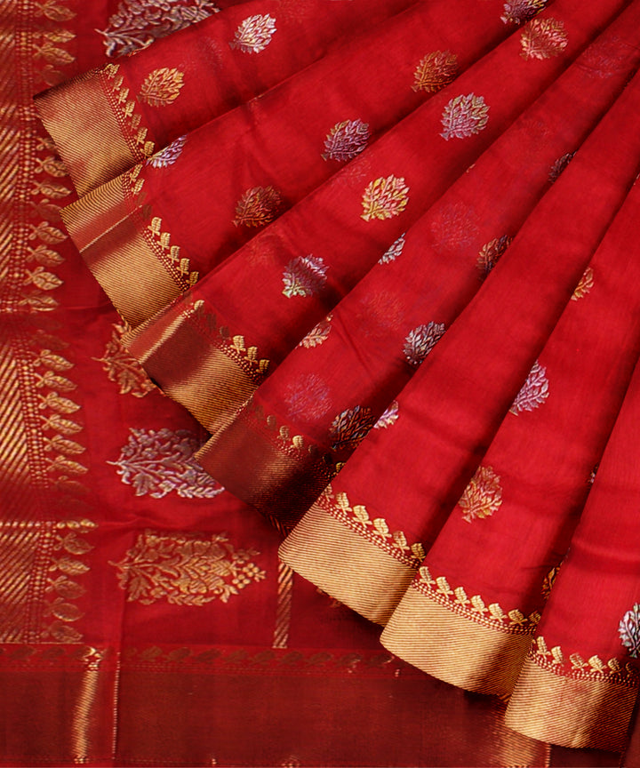 Red jari buti chanderi cotton silk handwoven saree