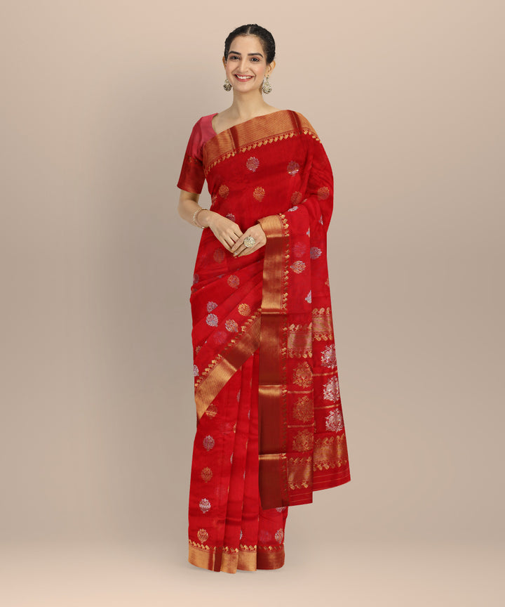 Red jari buti chanderi cotton silk handwoven saree